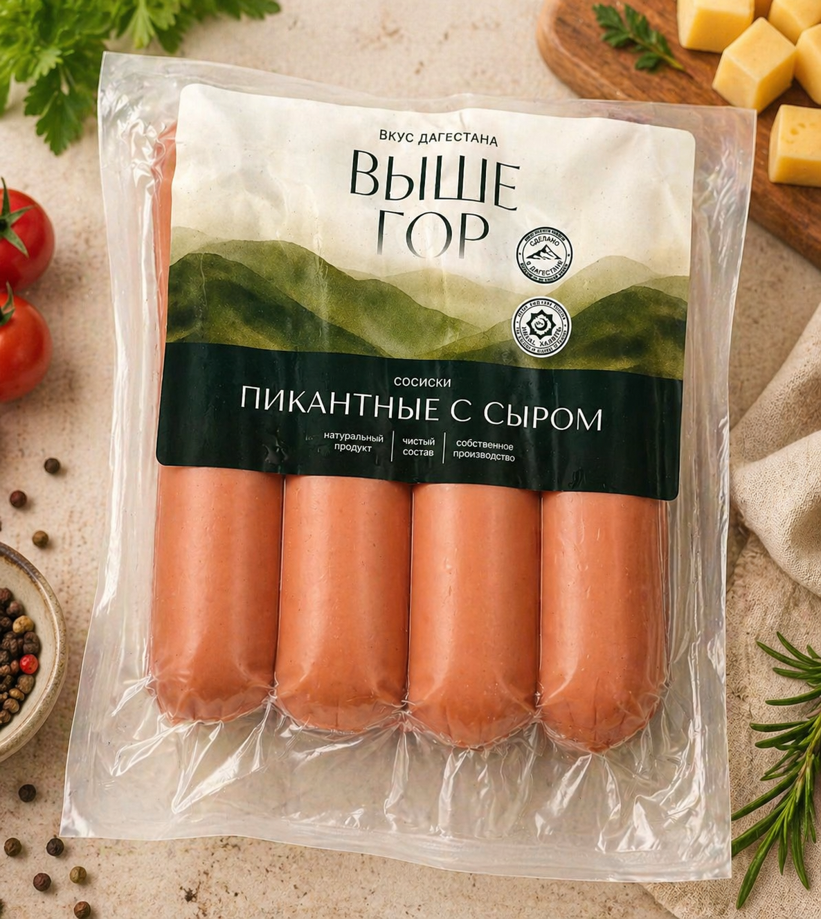 Сосиски "Выше гор. Пикантные с сыром" Халяль